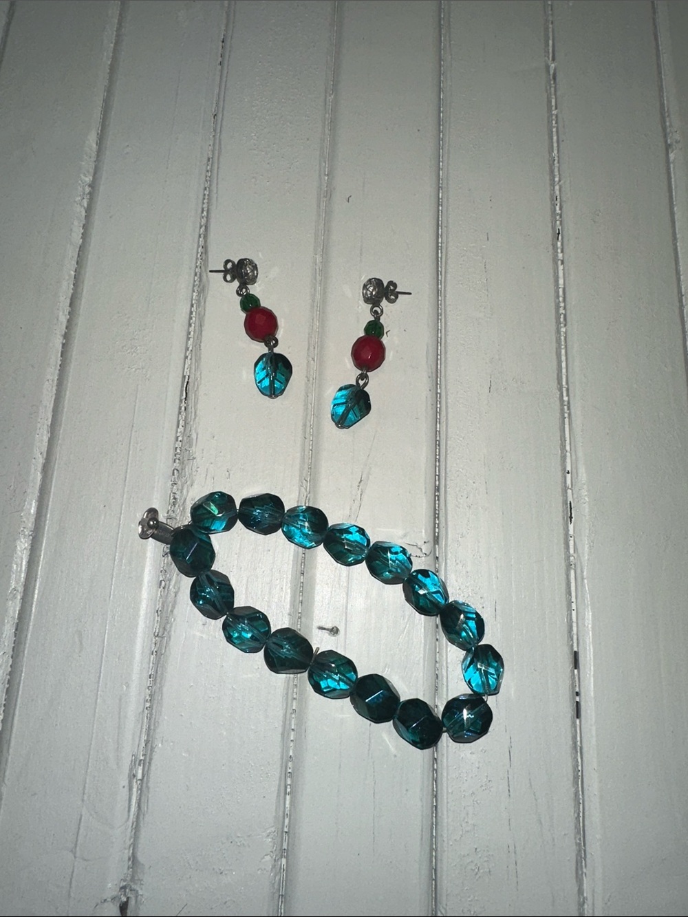 Sabika Teal and Red Bead Bracelet with Matching Earrings
